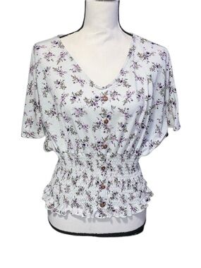 Orange Kiss Floral Smocked Waist V-Neck Top Butterfly Sleeves Button